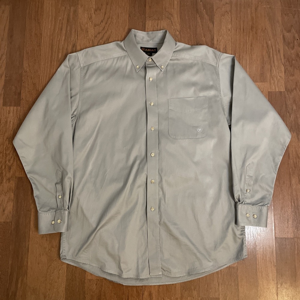 Ariat Shirt Mens Large Gray Solid Long Sleeve Button Front Western Cotton